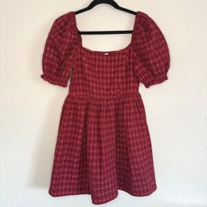 Womens Small Red Houndstooth Mini Dress Milkmaid Babydoll Holiday Coquette Prep‎